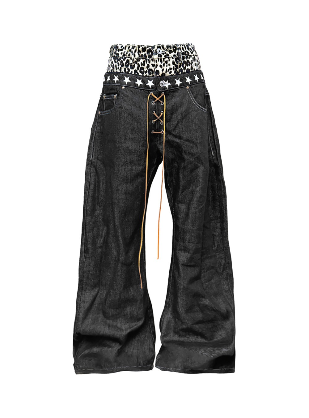 国内で当店のみ DETW - Leopard Waist Double-Layer Denim Pants Leopard Waist Double-Layer Denim Pants - BCAESAR
