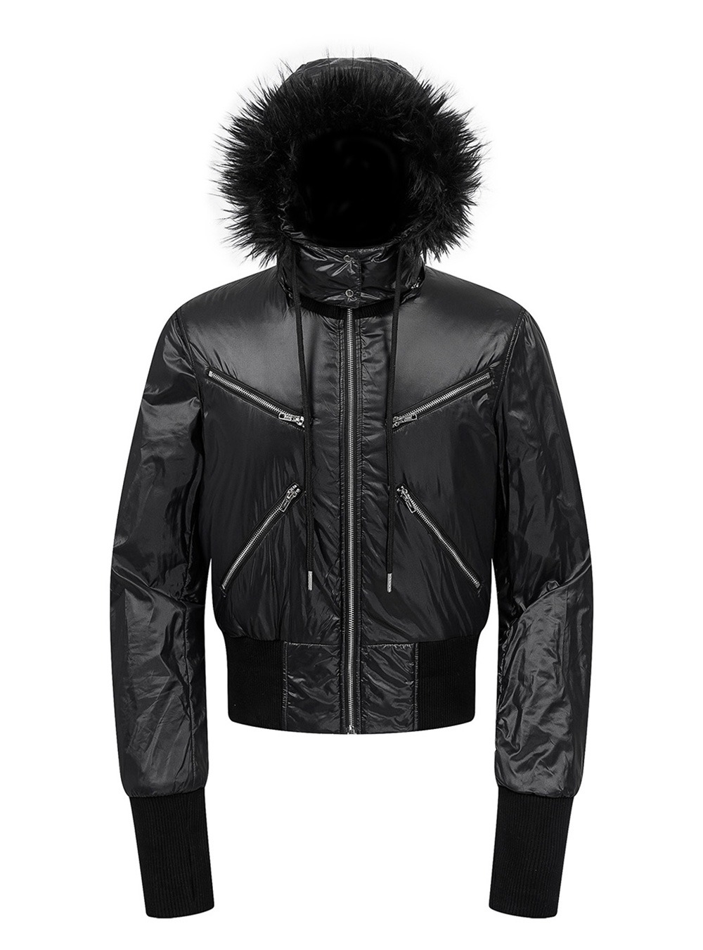 Rebel Wave Fur Collar Bomber Jacket (Black) - 비엑세스