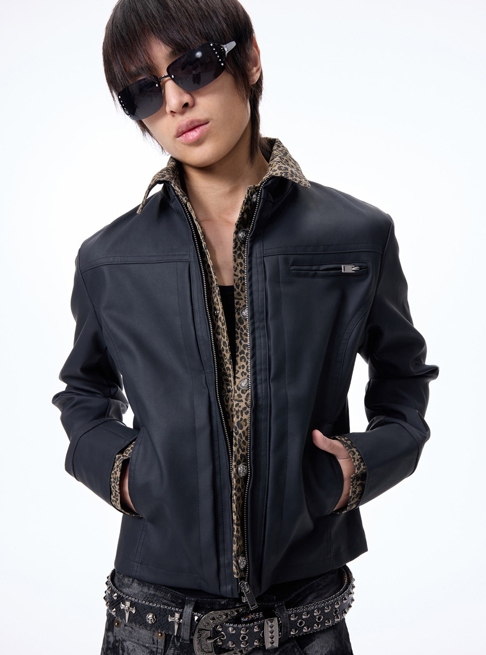 Leopard Layered Slim PU Leather Jacket