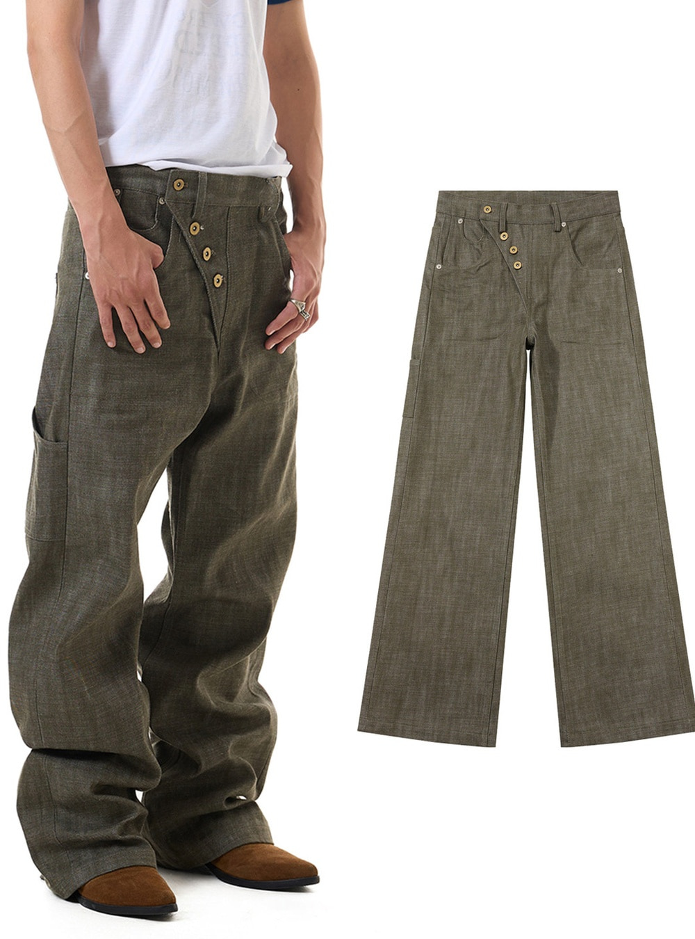 Vintage Green Wide Straight Denim Pants