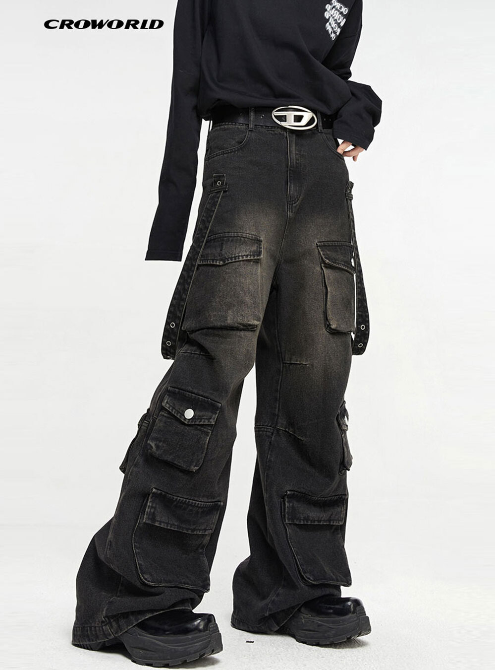 CROWORLD] multi-pocket wide denim pants (2color) - BCAESAR