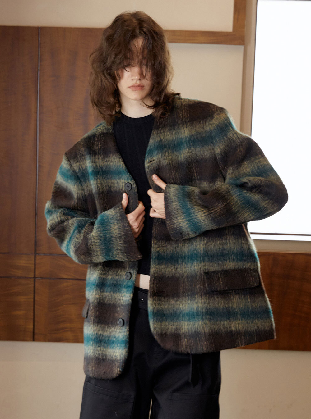 ANTERIOR LOVED] Green checkered V-neck Blazer Jacket - 비엑세스