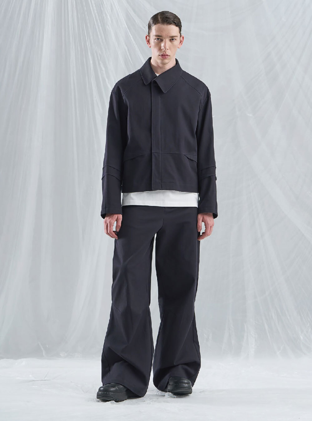 ANTIOFF] Texture asymmetric lapel jacket (Navy) - BCAESAR