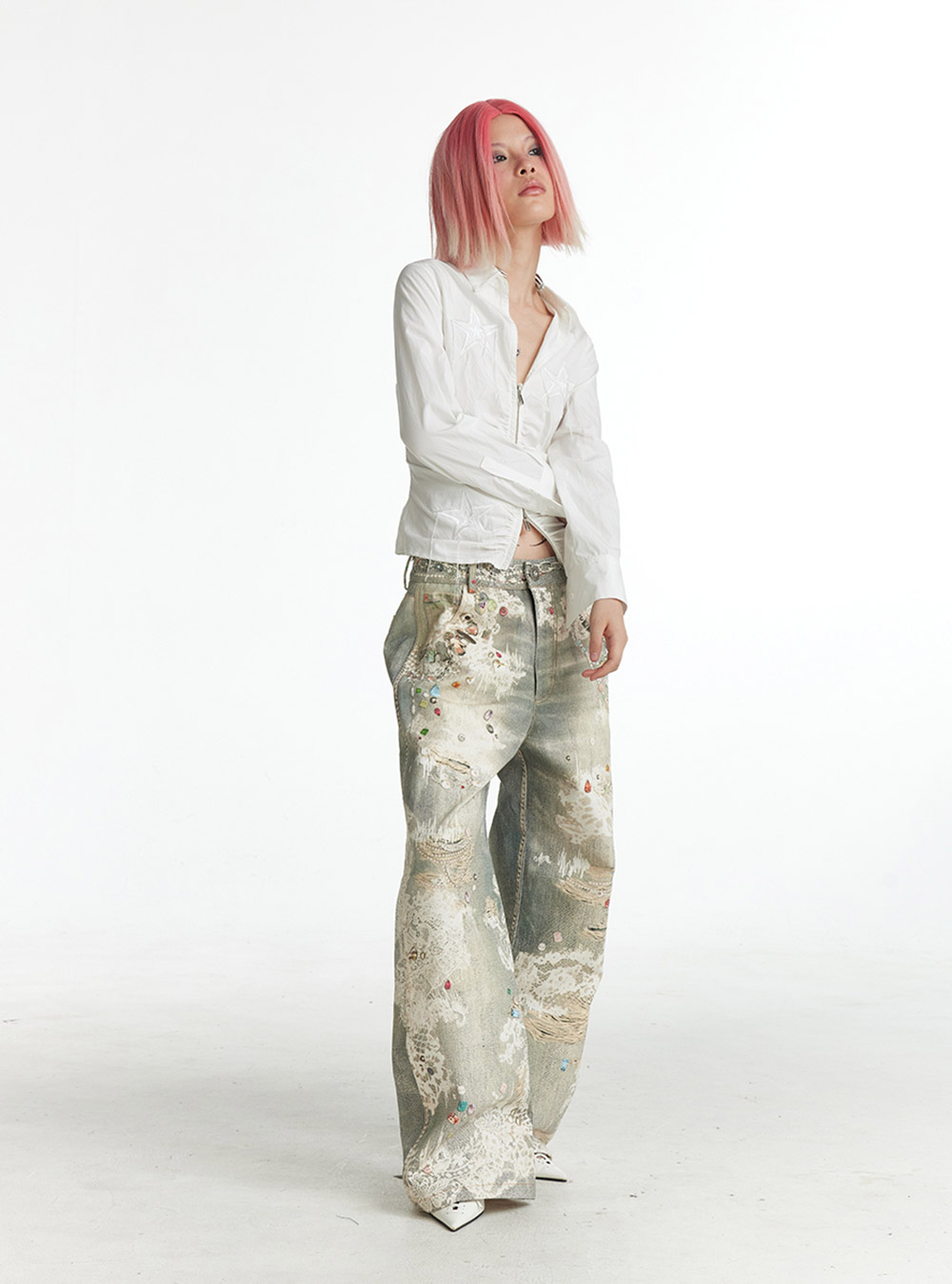 流行に  DND4DES x BCAESAR - Pants Denim Print Floral FayChui] パンツ