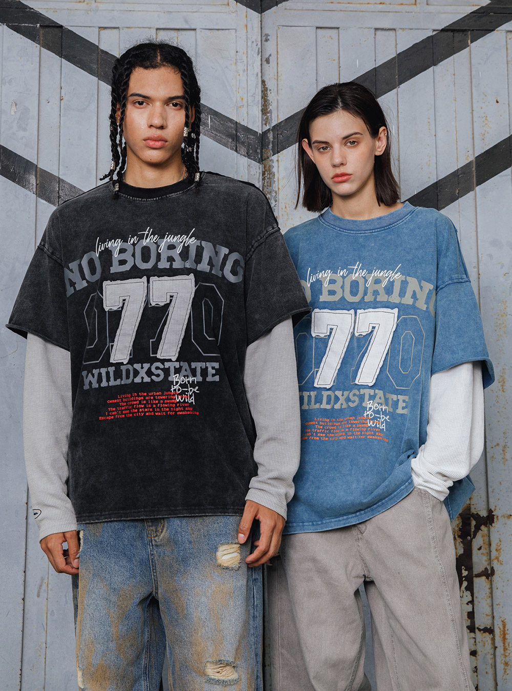 WILDX] 77 Print Distressed Long-Sleeve T-shirt (2color) - BCAESAR