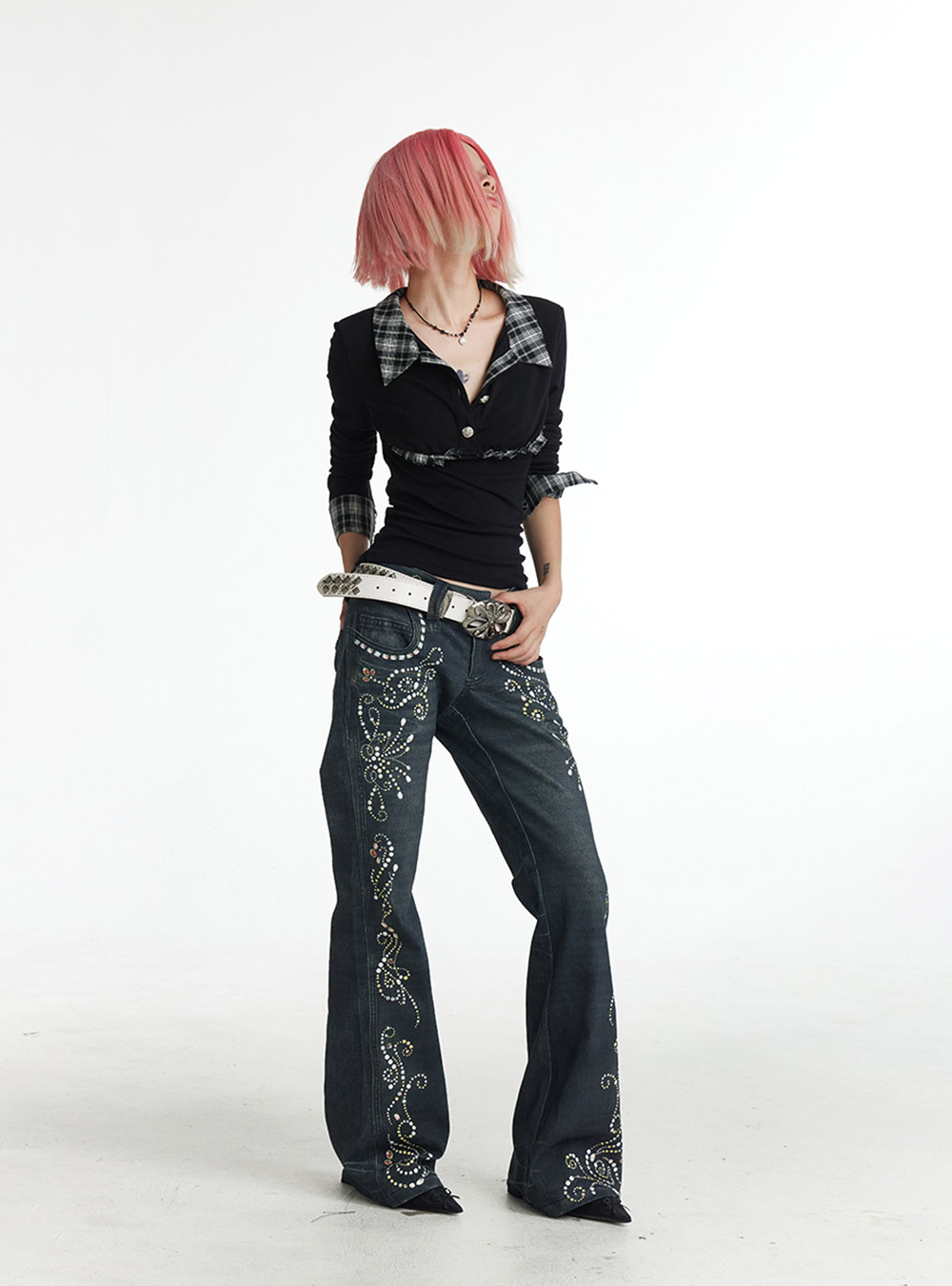 送料関税込 【DND4DES】 3D Printed Floral Embellished Jeans 3d floral jeans with rhinestone