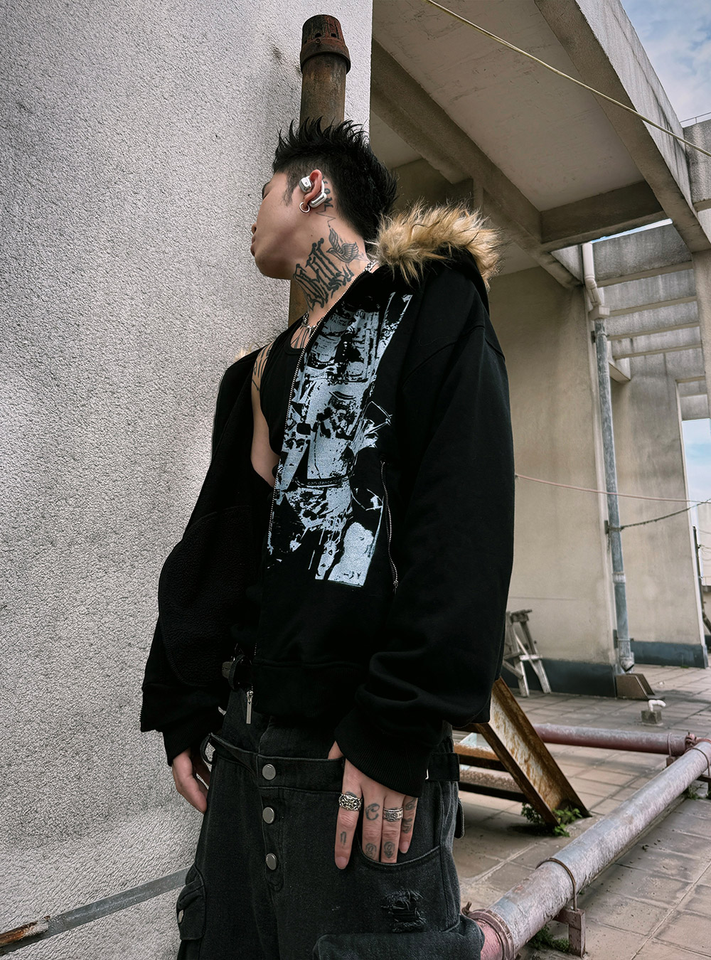 Vintage Printed Fur Hooded Zip-up Hoodie (2color) | BCAESAR