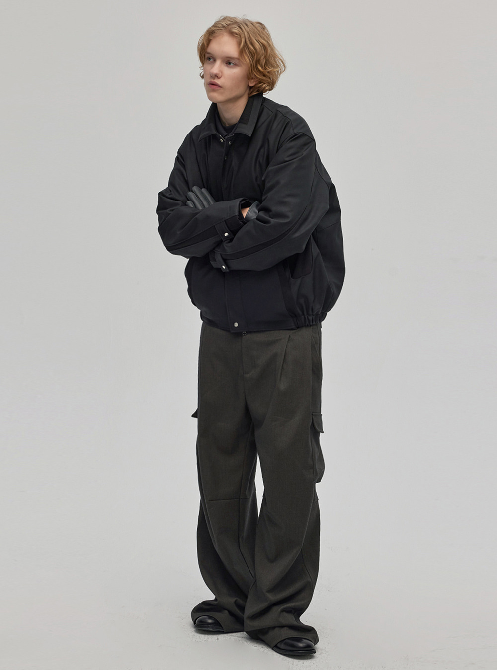 DECESOLO] PU Patchwork Stand Collar Jacket (2color) | BCAESAR