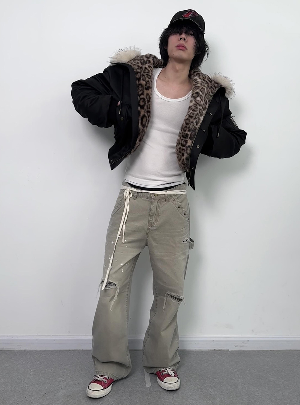 no E mosen] Leopard Pattern Fur Hooded Jacket - BCAESAR