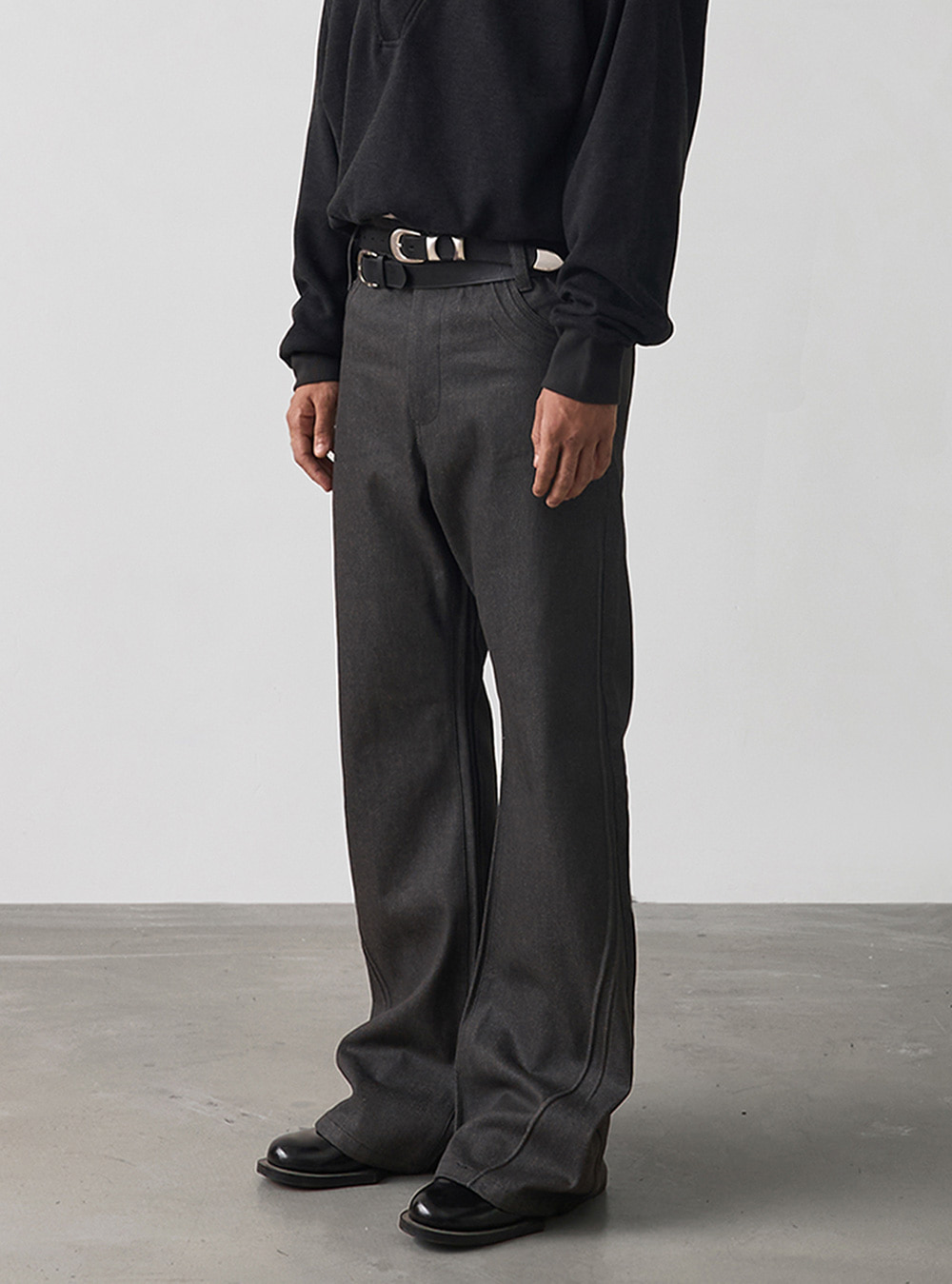 スラックス パンツ グレー SLIGHT VOGUE Slight Vogue] Classic Wide-Leg Grey Denim Pants - BCAESAR