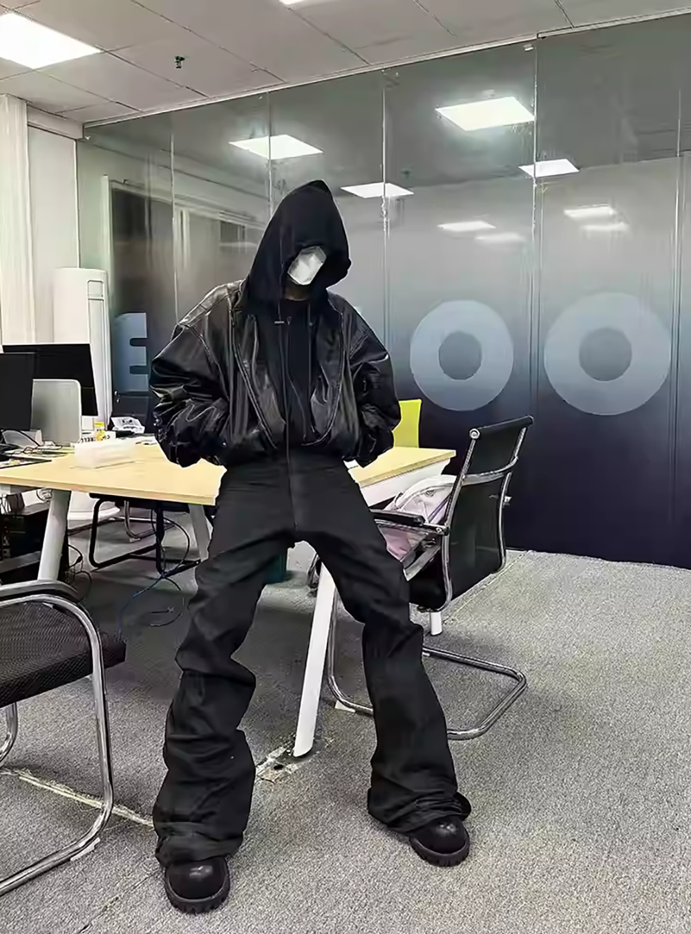 POPPROJECT] Faux Leather Double-Layered Hooded Bomber Jacket - BCAESAR