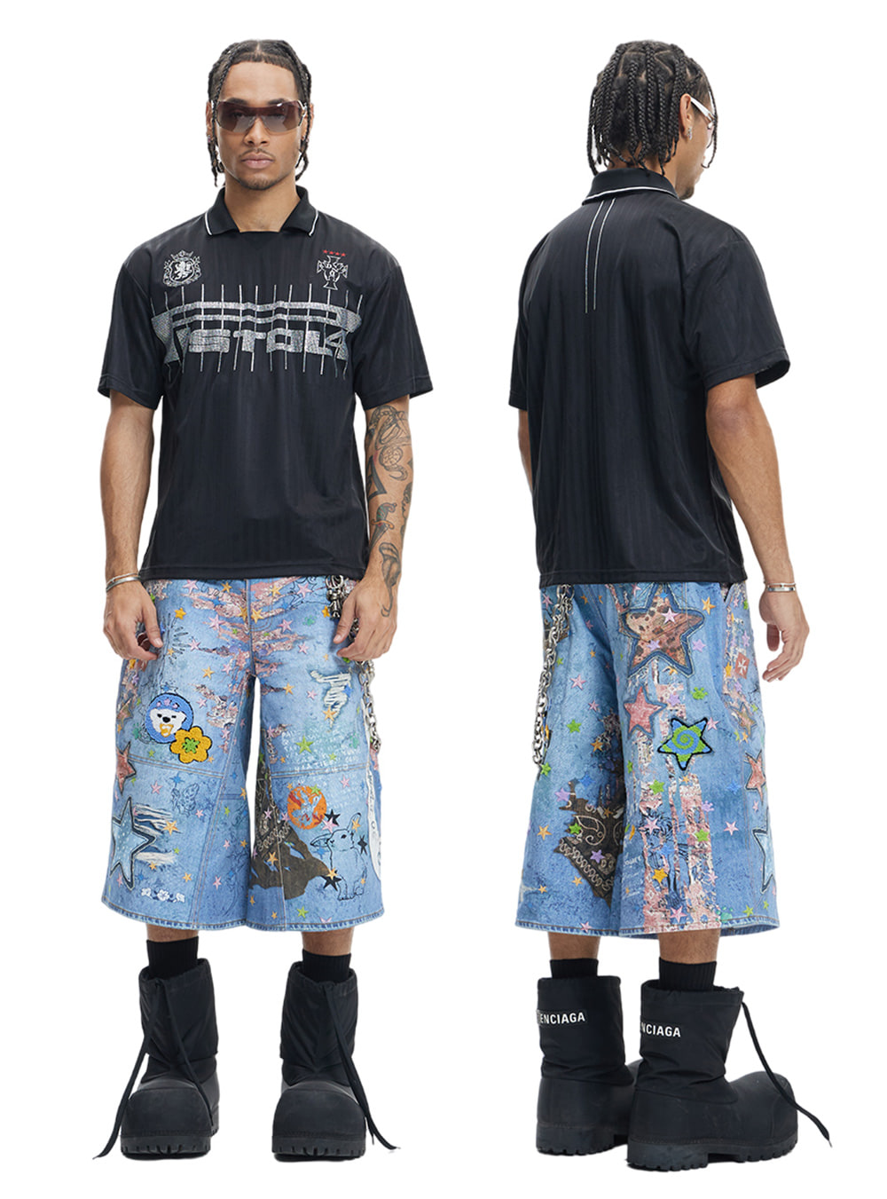 関送込 DND4DES Star Graffiti Patchwork Cartoon Shorts DND4DES Star Graffiti Patchwork Cartoon Denim Oversized Shorts