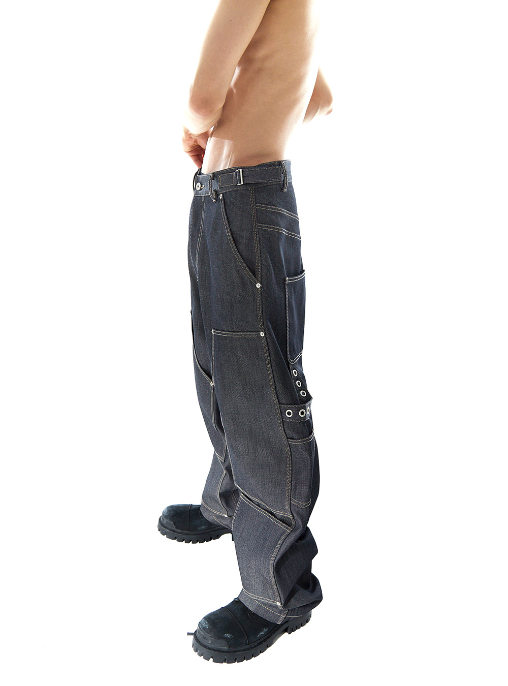 CARPENTER STRAP DENIM PANTS – EYELET DETAIL - BCAESAR