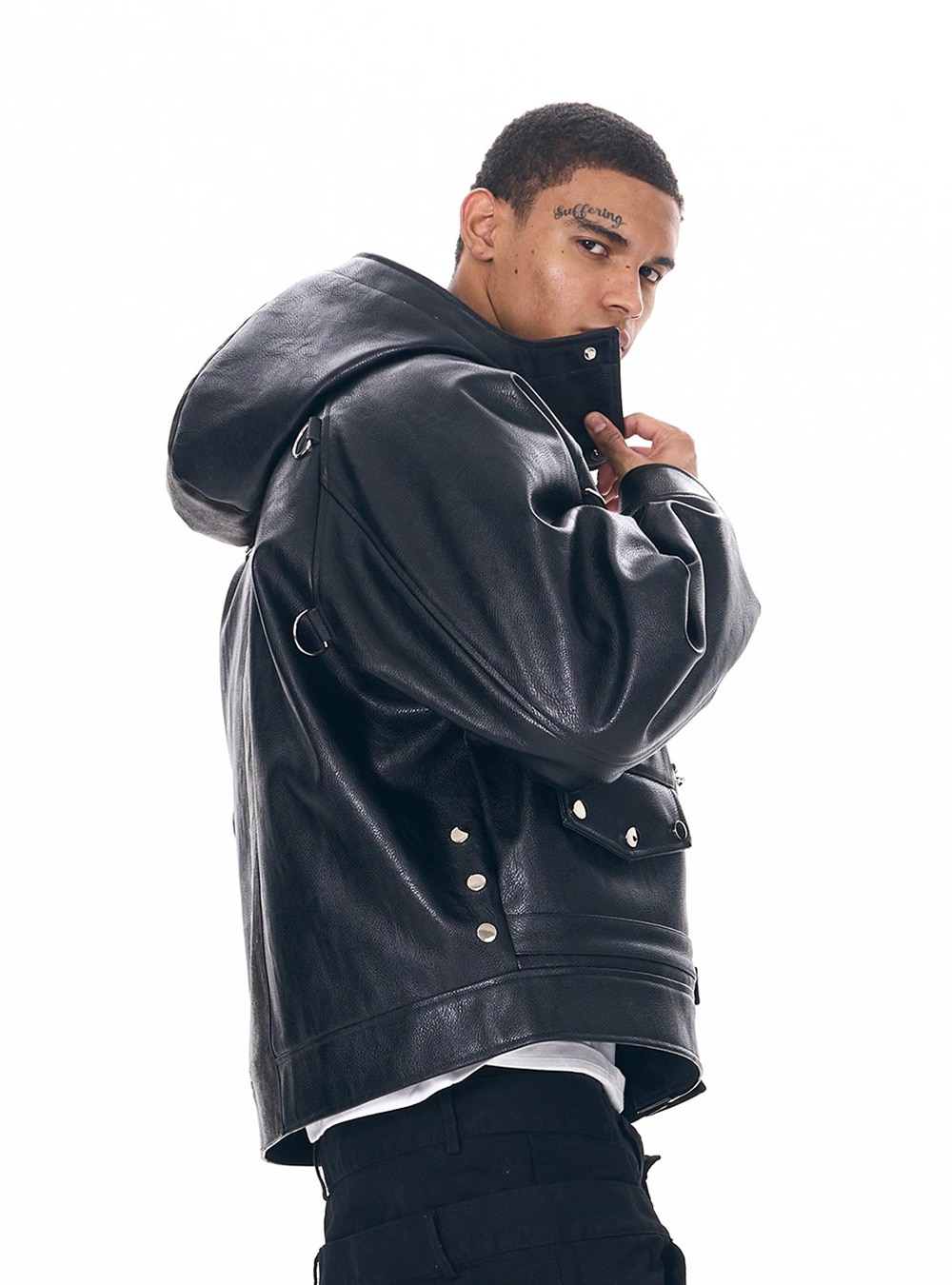 Hooded Faux Leather Jacket - BCAESAR