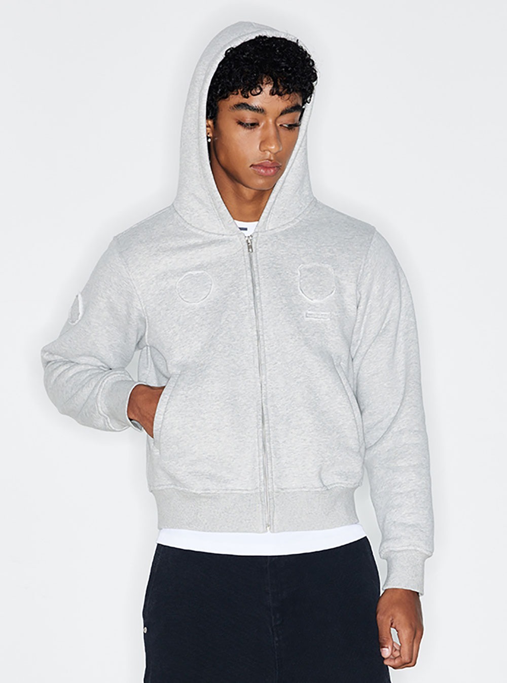 [CRICLE CAGE] Patch Plus Velvet Short Sweatshirt Zip-Up Hooded (Gray)