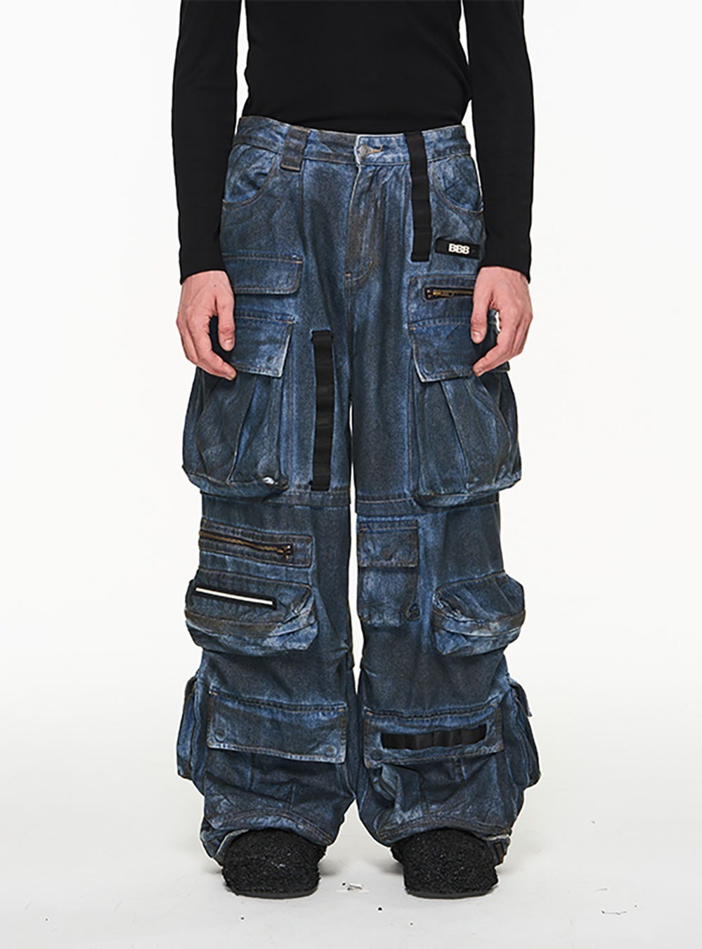 [BLIND NO PLAN] Multi-Pocket Combination Washed-out Denim Pants