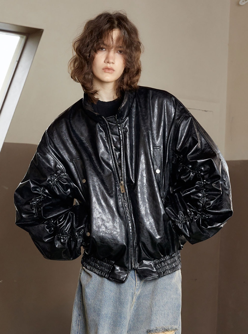 [ANTERIOR LOVED] Drawstring Pleated Shiny PU Leather Jacket