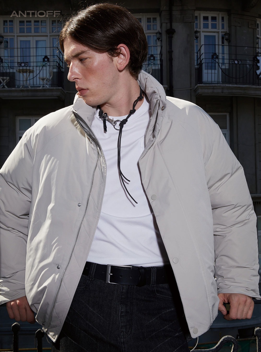 ANTIOFF] Texture asymmetric lapel jacket (Navy) - BCAESAR