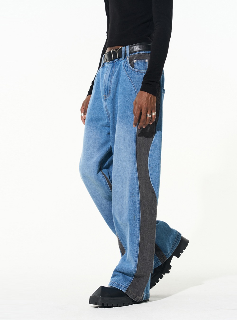 [BLIND NO PLAN] Coloring Patchwork Wash Loose Straight Jeans