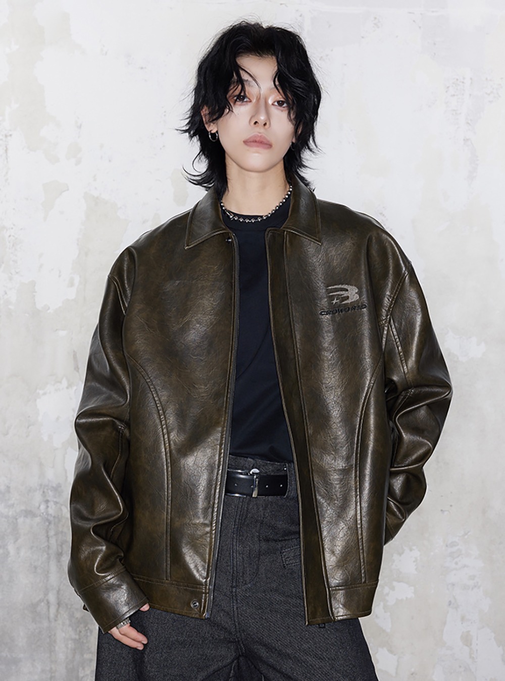 [CROWORLD] Brown Wash Fade PU Leather Jacket