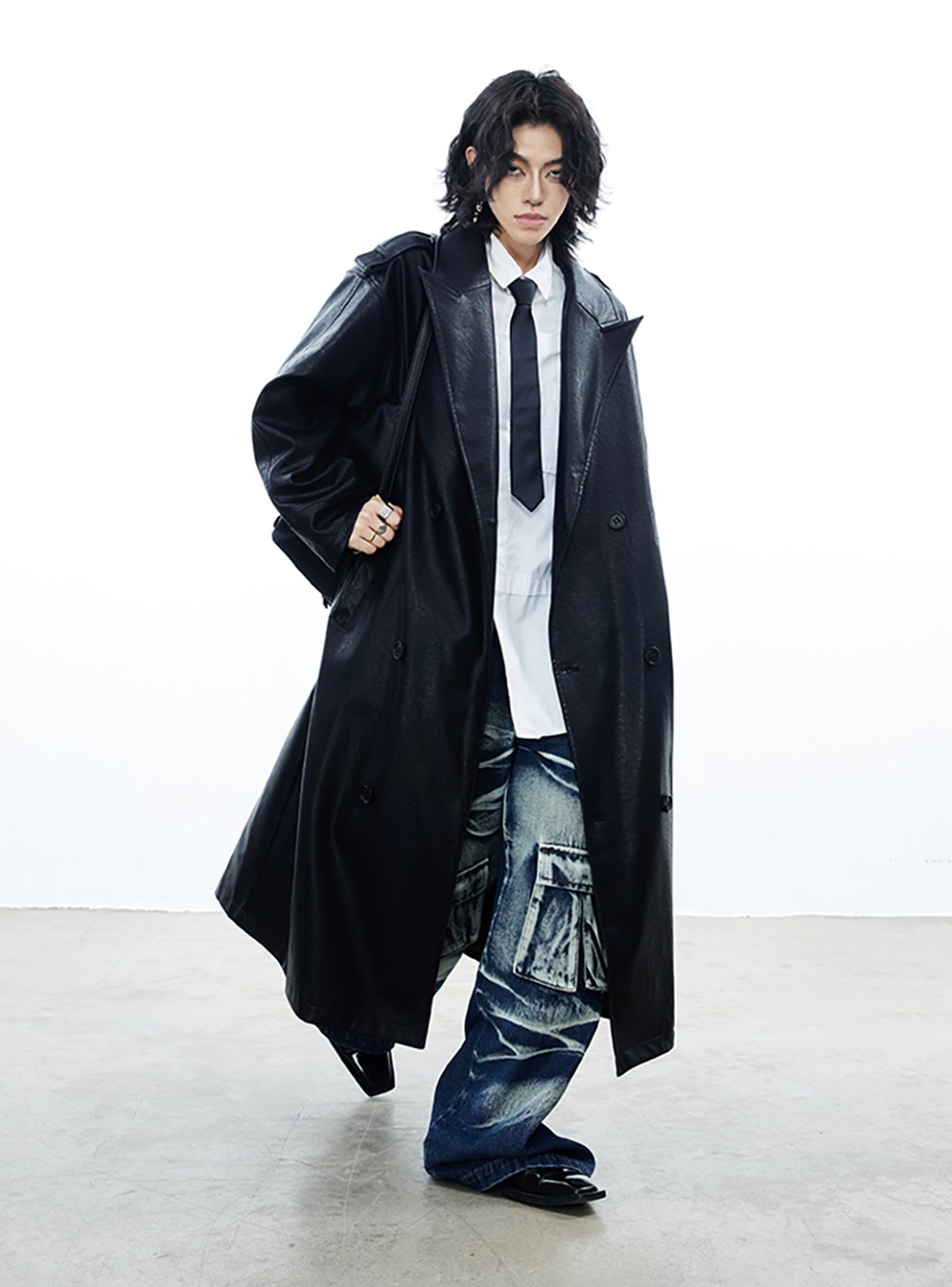 [CROWORLD] Double Brested PU Leather Coat