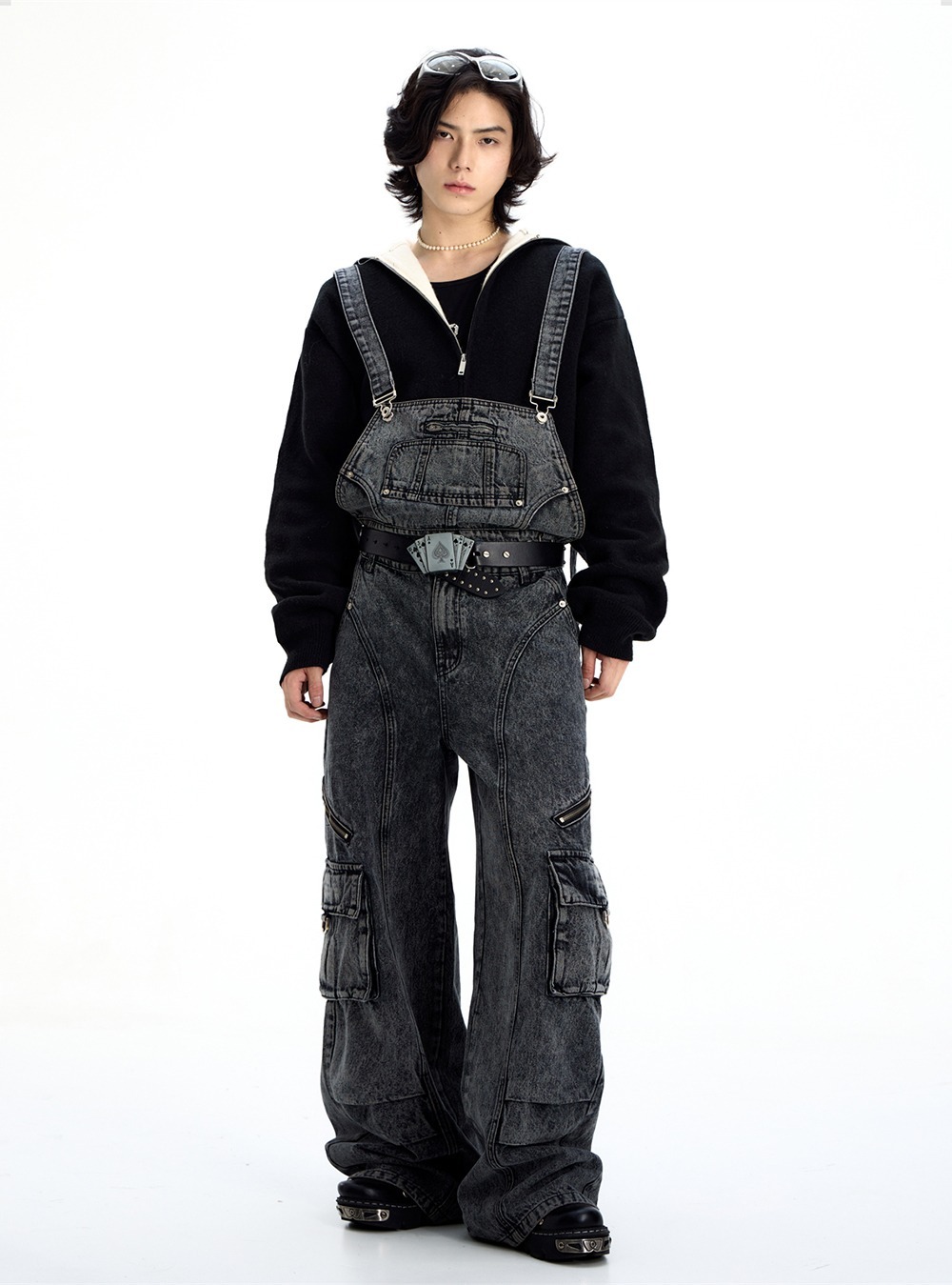 [PEOPLESTYLE] Detachable overalls Multi-pocket Denim pants (Black)