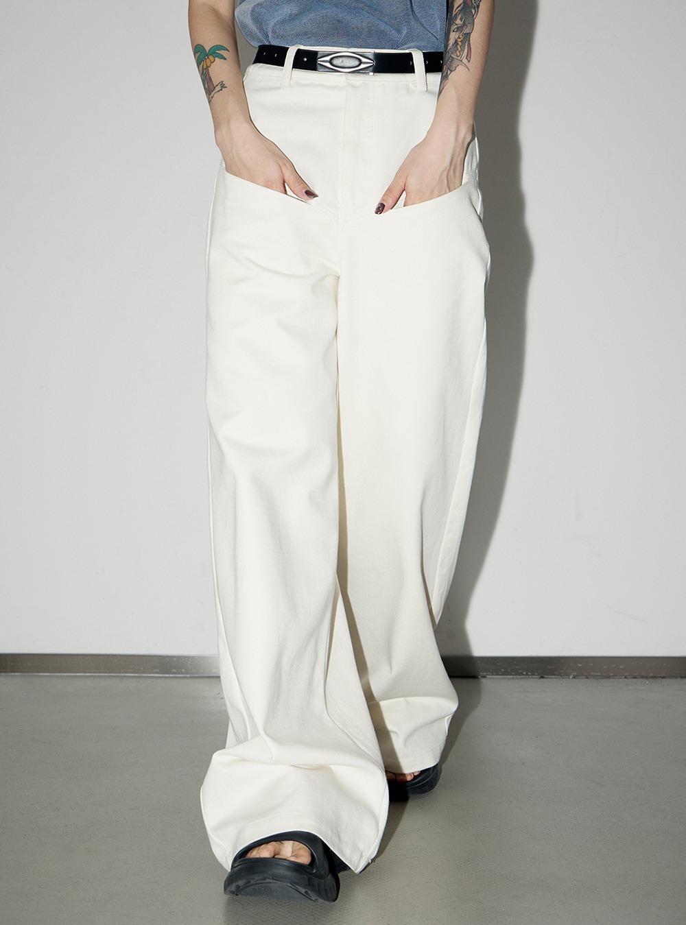 [PEOPLESTYLE] Front pocket wide pants (White)