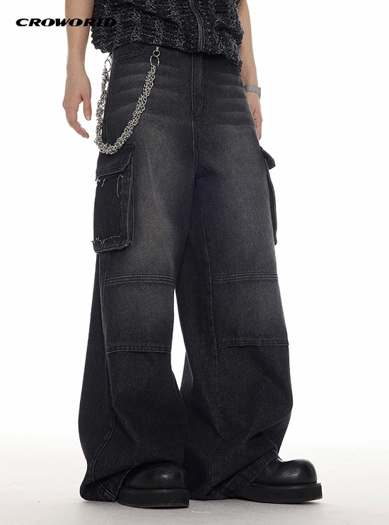 [CROWORLD] Cutout Washing Patch Pocket Jeans