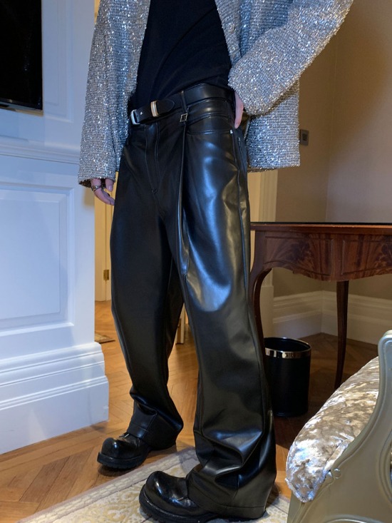 [ESC MAN STUDIO] loose leather straight jeans