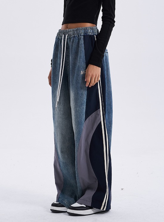 [A SQUARE ROOT] Patchwork Washing Vintage Embroidery Denim Pants