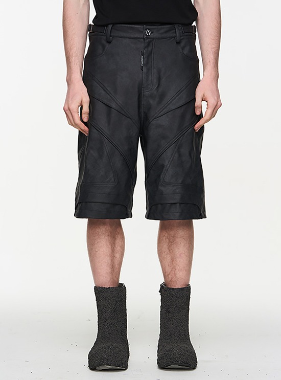 [BLIND NO PLAN] Motorcycle Line Stitch Heavy Leather Shorts