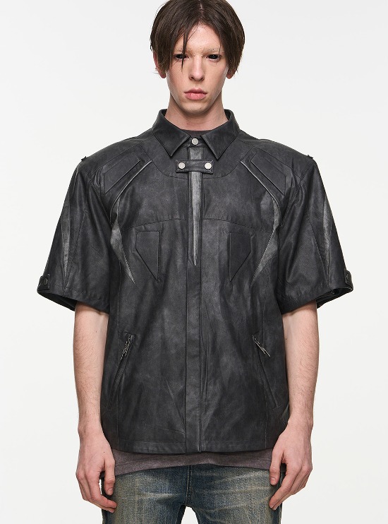 [BLIND NO PLAN] Leather Motorcycle Distressed Leather Short-Sleeved Shirt