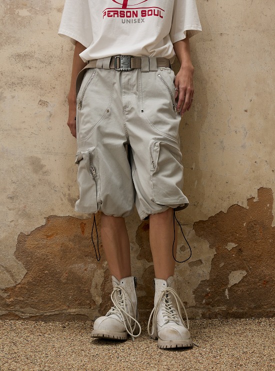 [PERSONSOUL] Drawstring Patch Pocket Cargo Shorts (2color)