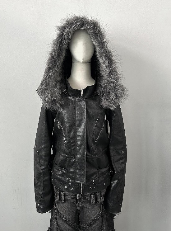 [COZY] DECONSTRUCTED LEATHER HOODED JACKET
