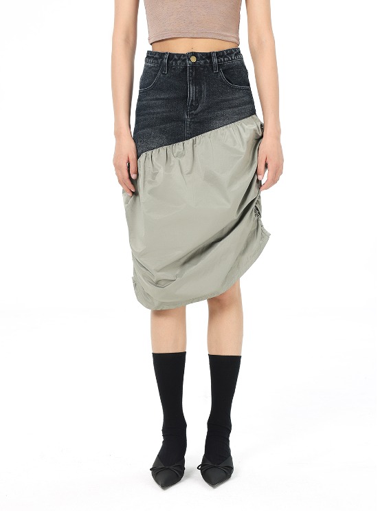 [IN TERRIS] Wash Structure Panel Pleated Denim Skirt