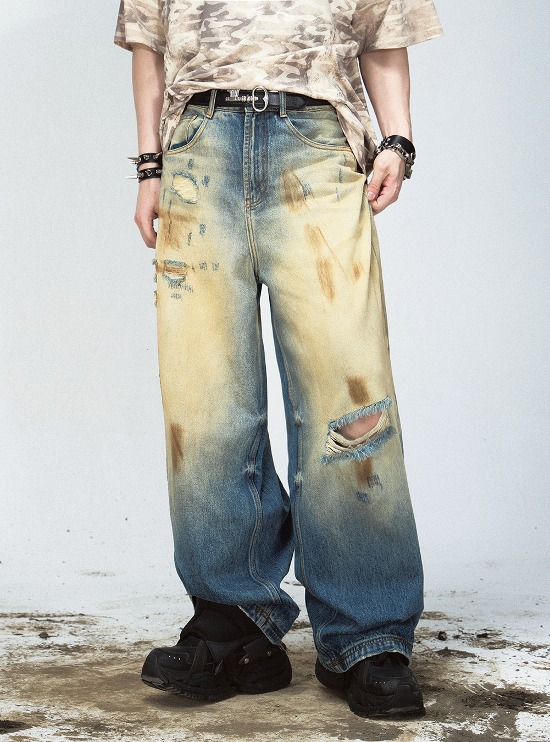 [PEOPLESTYLE] Yellow Mud-Dyed Ripped Blue Jeans