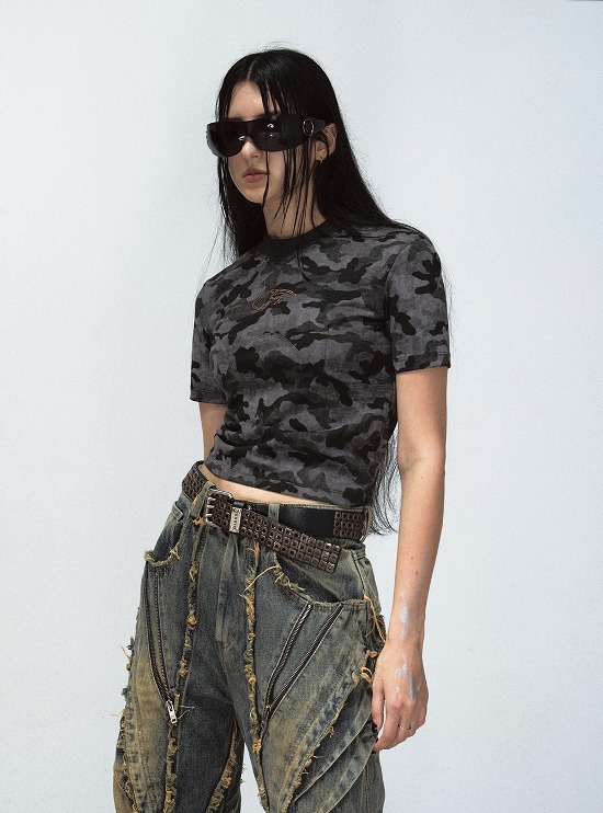 [PEOPLESTYLE] Camouflage Slim Cropped T-Shirt