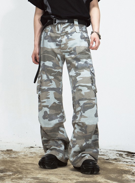 [PEOPLESTYLE] Grey camouflage stainless steel straight cargo pants
