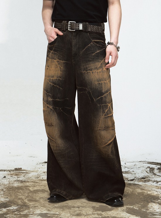[PEOPLESTYLE] Yellow mud dyed brightening crack wide leg jeans