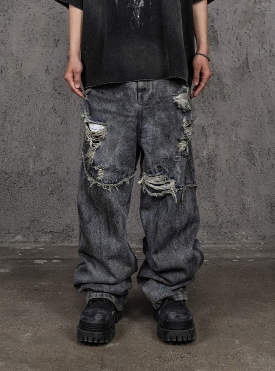 [UNDERWATER] Damaged Splicing Loose Jeans