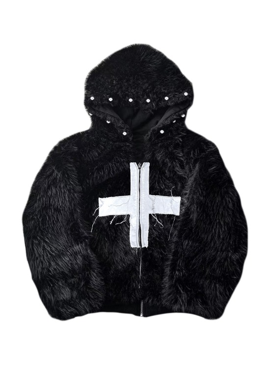 Vintage Printed Fur Hooded Zip-up Hoodie (2color) - BCAESAR