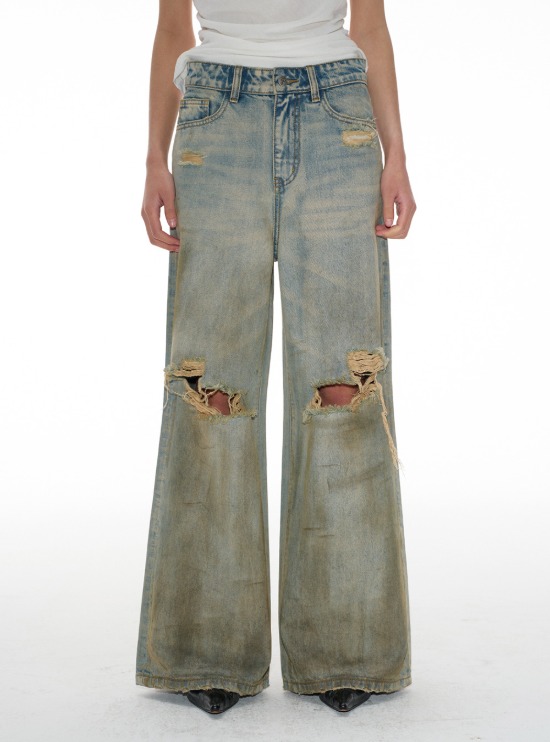 Distressed White Wide-Leg Denim Pants - BCAESAR