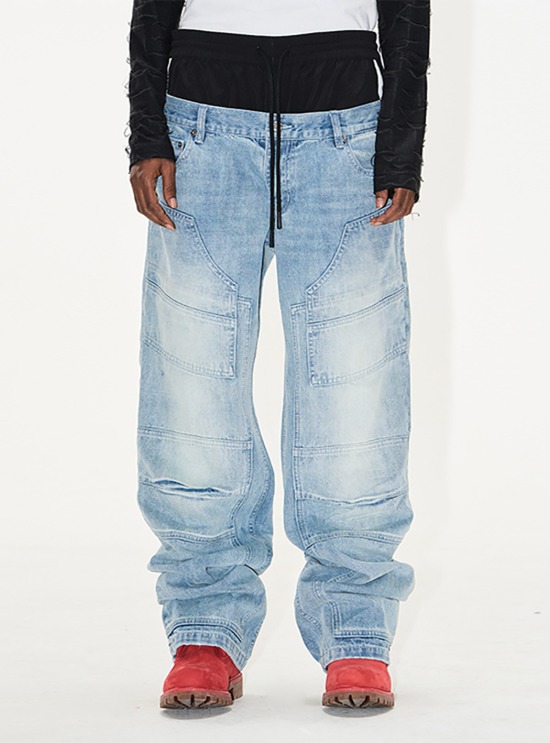 Washed Paneled Embroidered Wide-Leg Jeans - BCAESAR
