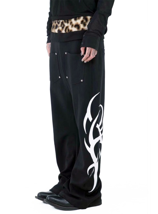 国内で当店のみ DETW - Leopard Waist Double-Layer Denim Pants BB Leopard Double Waist Jeans