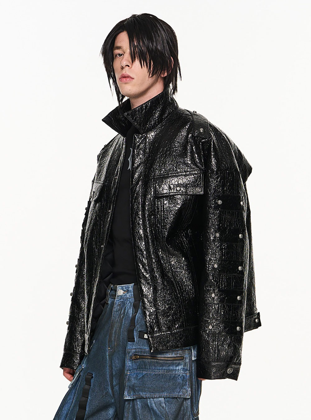[BLIND NO PLAN] Crack texture leather lapel cotton jacket