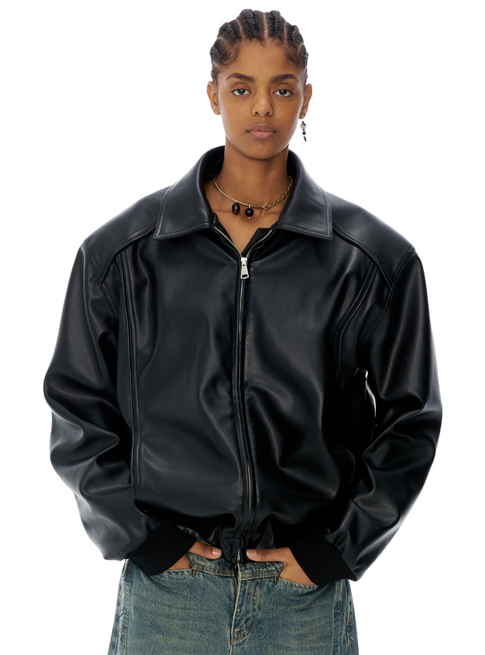 [ANTERIOR LOVED] Original Wide-Shoulder Collar Leather Jacke