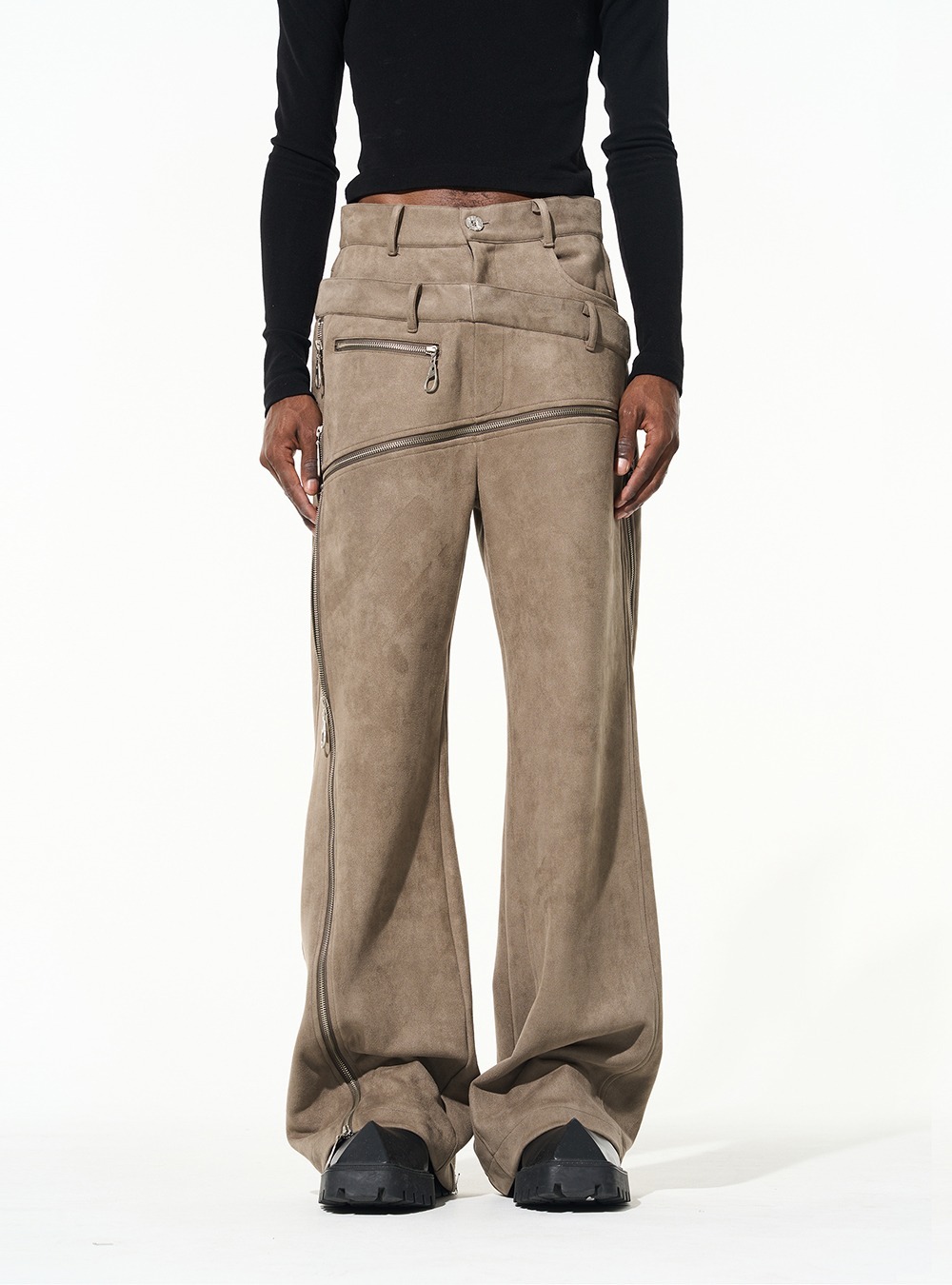 [BLIND NO PLAN] suede-cut double-waist multi-zipper casual pants (2color)