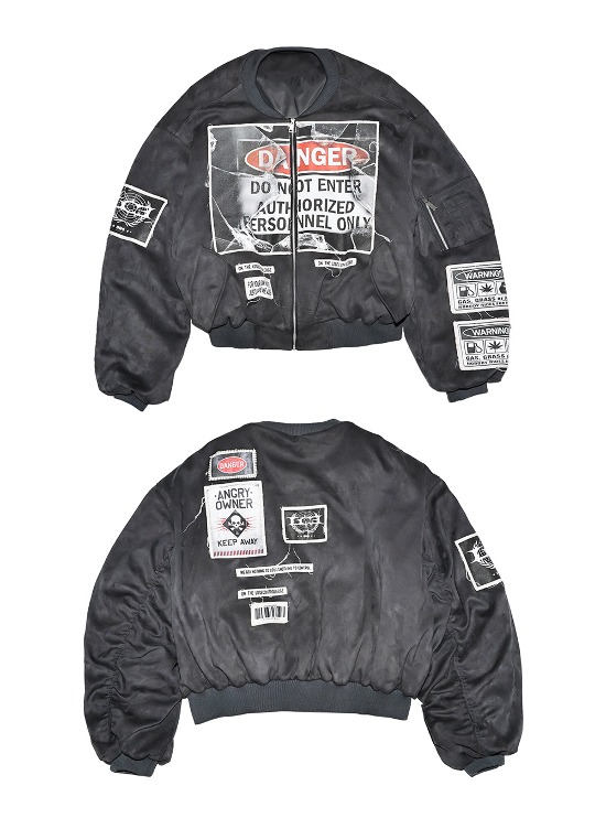 LCE] Gray-Blue Bomber Jacket with Warning Patches | BCAESAR