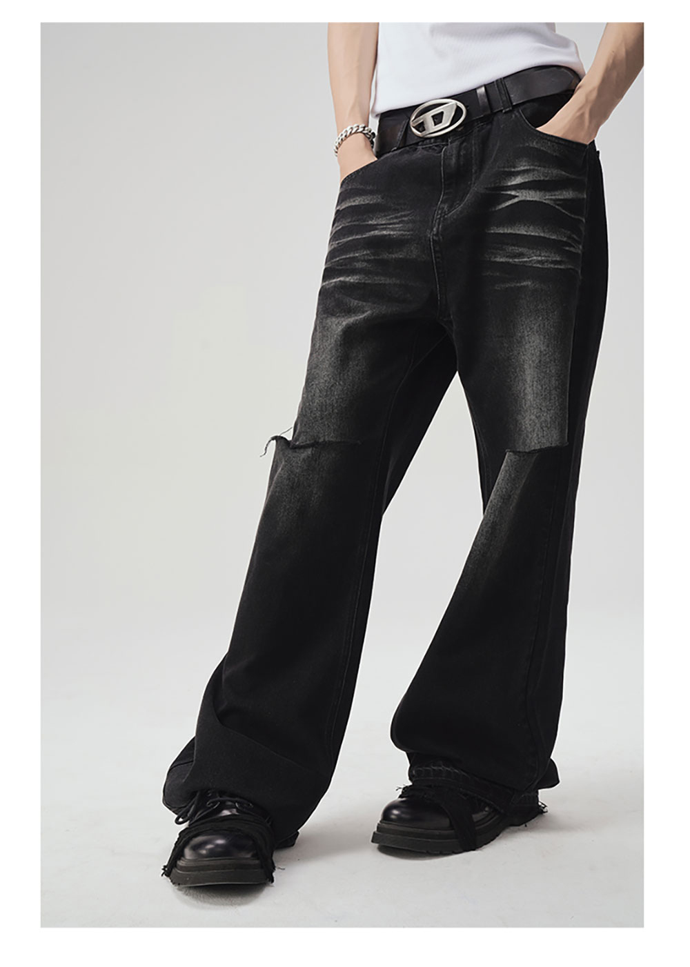 JCAESAR] Knife Cut Wide Two-Tone Heavy Washing Denim Pants