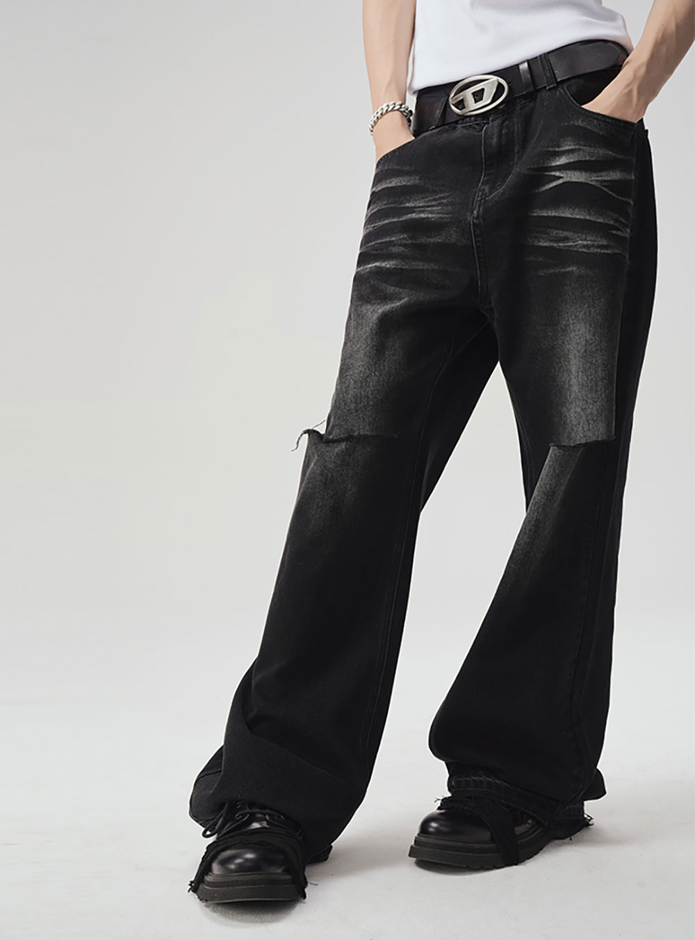 JCAESAR] Knife Cut Wide Two-Tone Heavy Washing Denim Pants